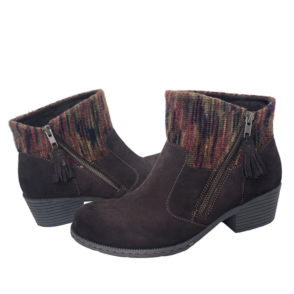 BOC Bendell 9M Brown Suede Knit Cuff Side Zip Ankle Boots